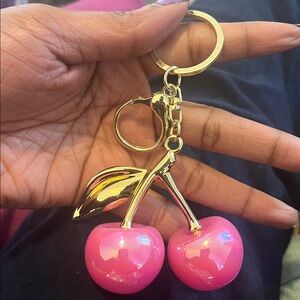 Barbie pink iridescent Cherry Keychain with Gold Accents